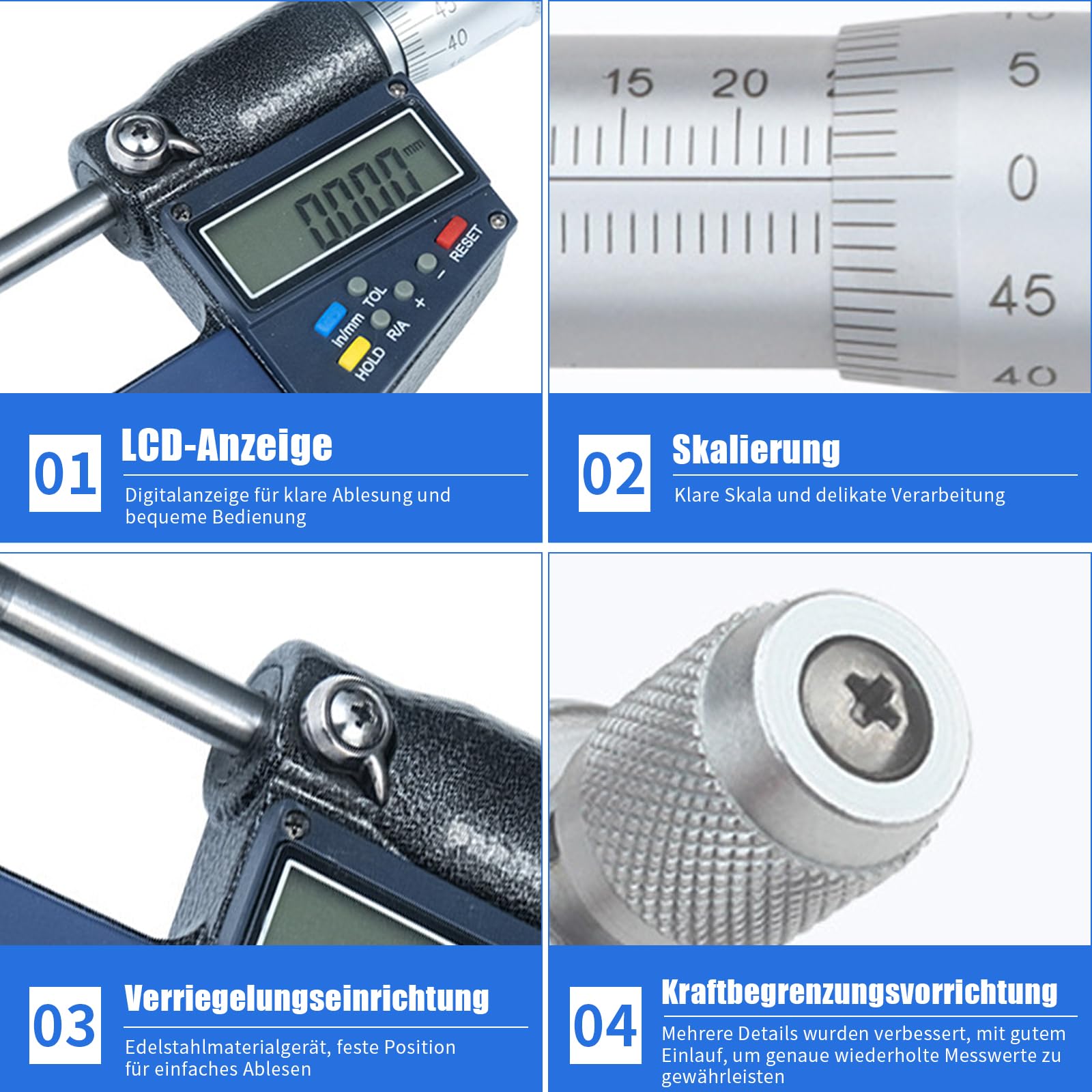 Micrómetro digital exterior con punta de carburo, rango de medición de 0 a 25 mm, precisión de 0,001 mm con tope de trinquete y funda protectora, herramienta de taller de maquinaria de precisión para