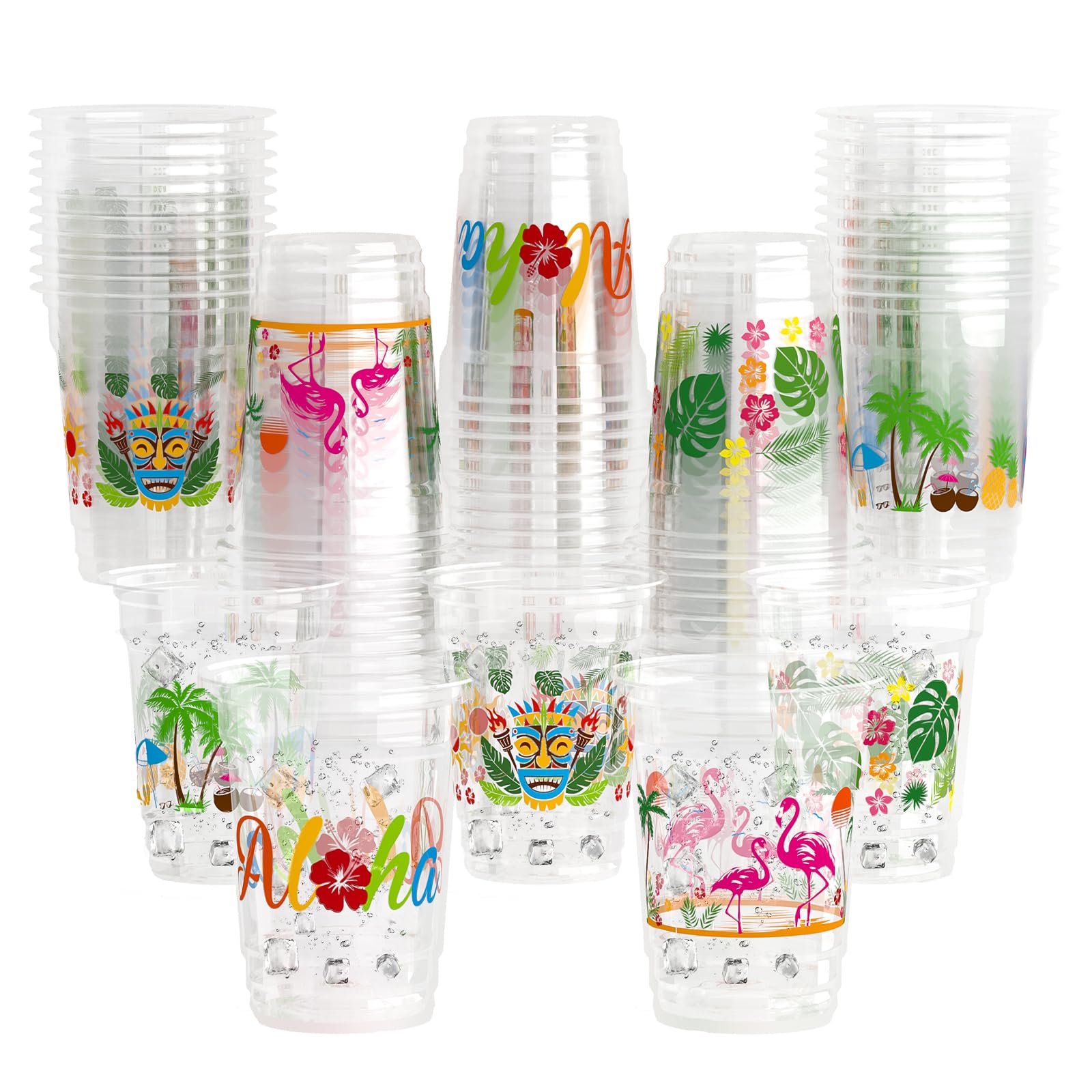YQUQWN 50 PCS Luau Cups 12 OZ Disposable Plastic Tiki Tropical Party Cups for Hawaiian Themed Party Decorations, Pool Flamingo Birthday Summer Birthday Hawaiian Party Drinkware Decor Supplies