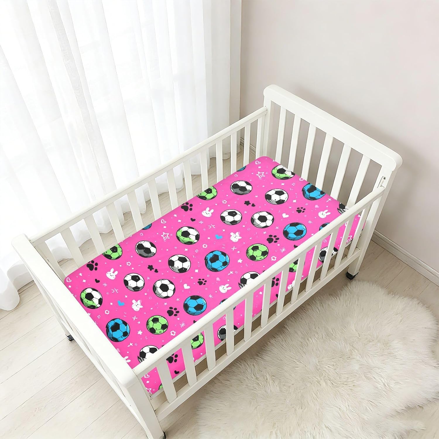 Hot Pink Soccer Paw Bunny Crib Sheets Fitted Crib Mattress Sheet for Baby Boys Girls 52x28 Inch Soft Cotton Toddler Bed Playard Sheets for Standard Crib Breathable Neutral