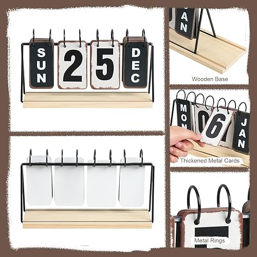 Miniatura 4 de Calendario de metal con base de madera, calendario diario de escritorio perpetuo con pantalla grande, moderno calendario de escritorio de granja