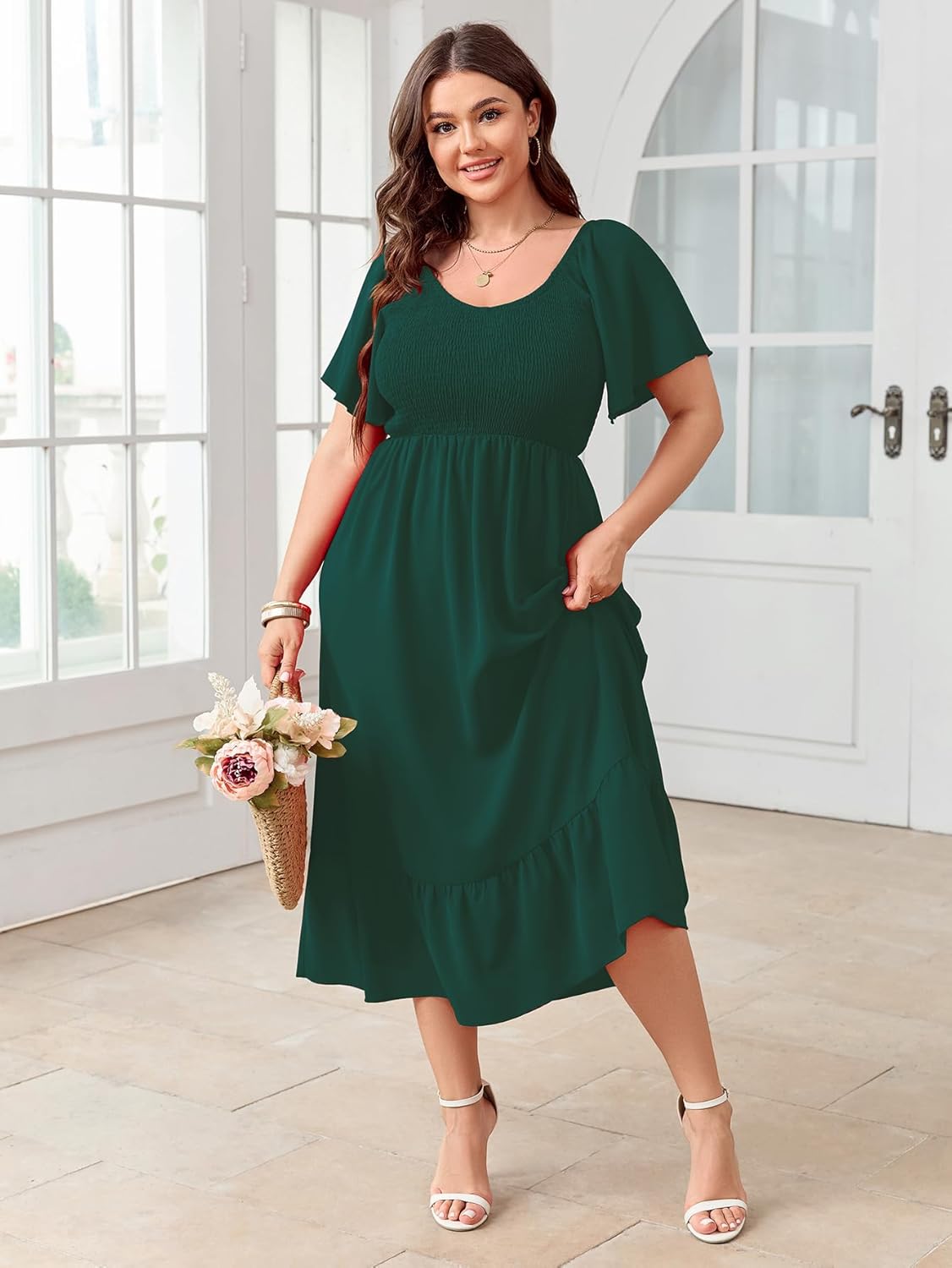 SCOMCHIC Women's Plus Size Summer Dress Casual Short Sleeve Scoop Neck Maxi Dress Smocked Ruffle Boho Flowy Long Dresses - Image 6