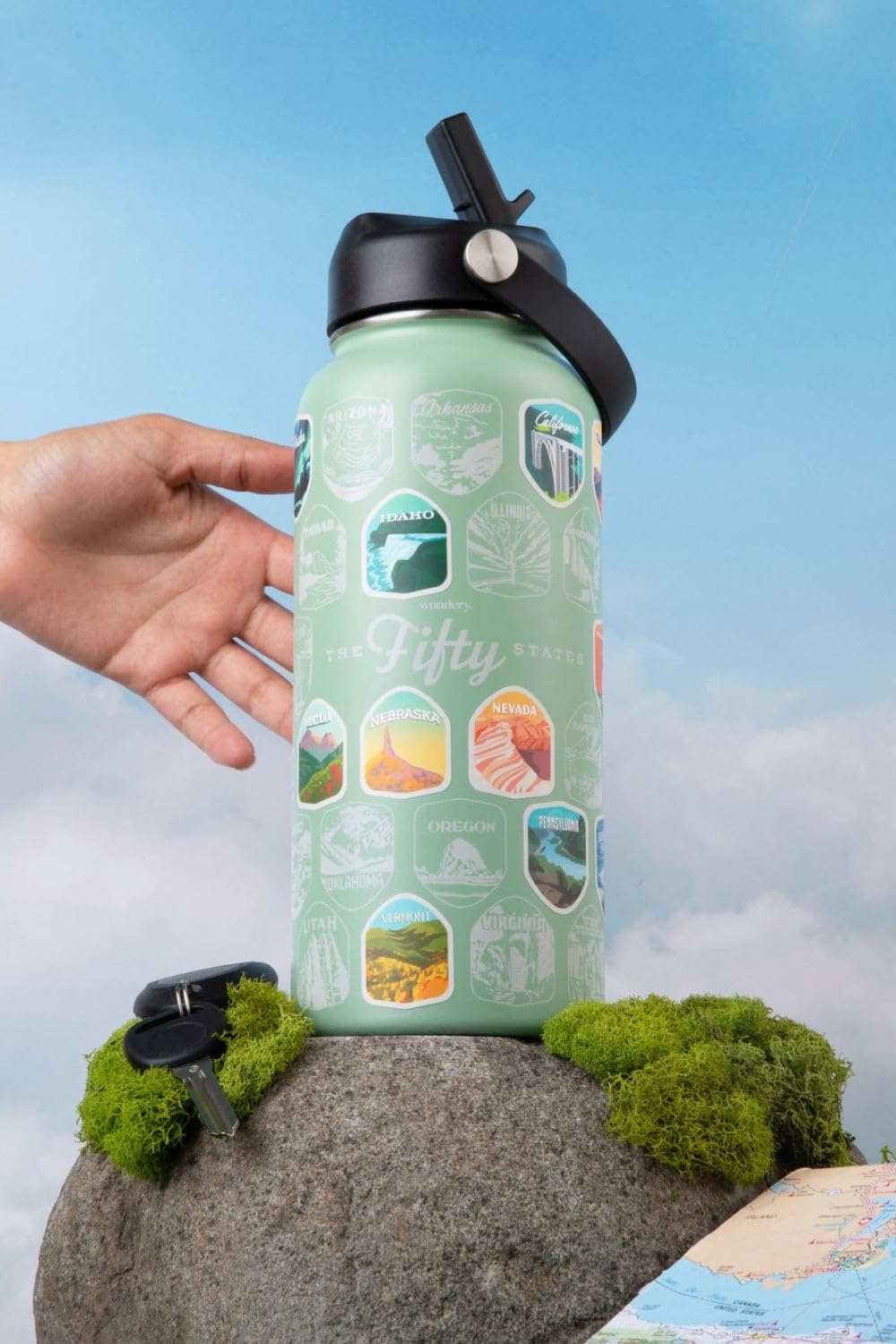 Wondery Official Fifty States Bucket List Travel Water Bottle with Waterproof Stickers and Straw | Sage 32 oz Engraved | Insulated Stainless Steel Vacuum Sealed | Leak Proof