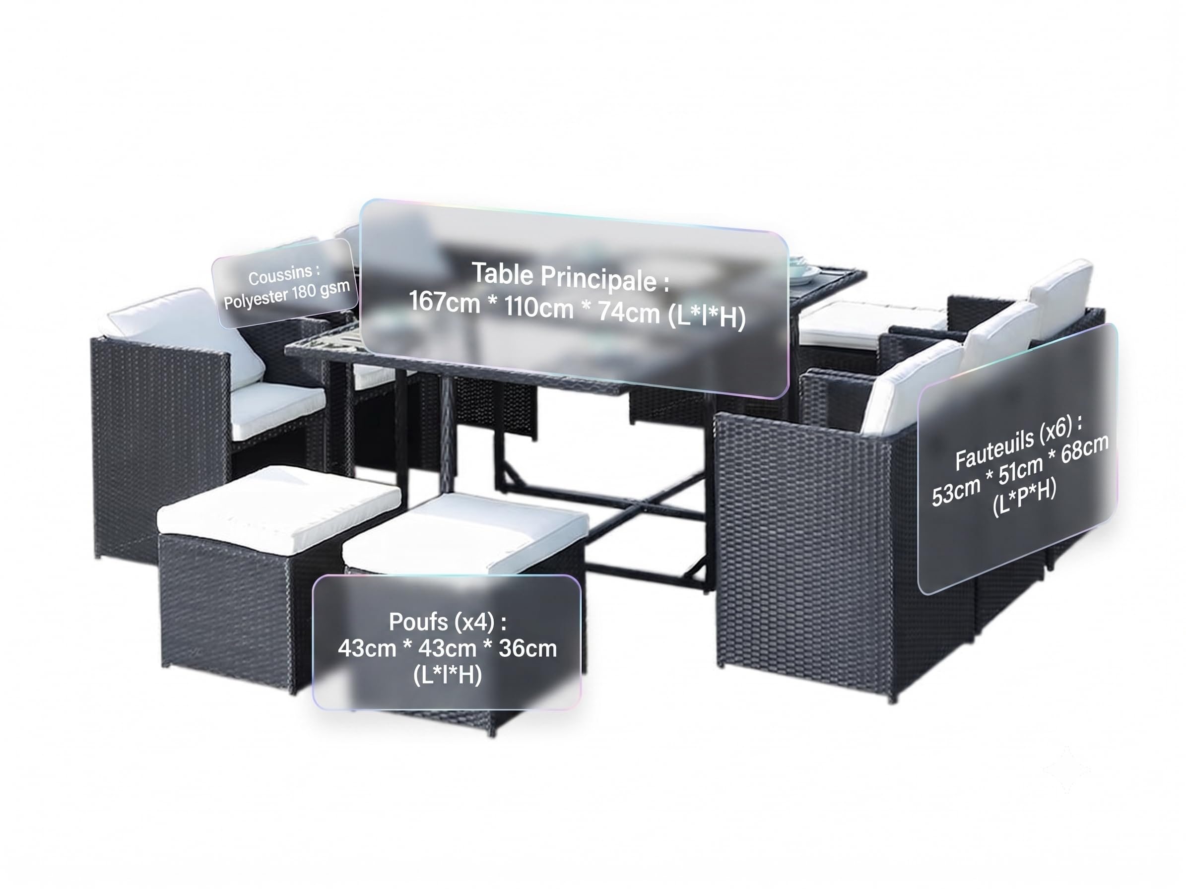 Générique Salon de Jardin Exterieur en Résine Tressée Poly Rotin Salon de Jardin Table 10 Personnes Fauteuil Exterieur Encastrable Noir et Beige