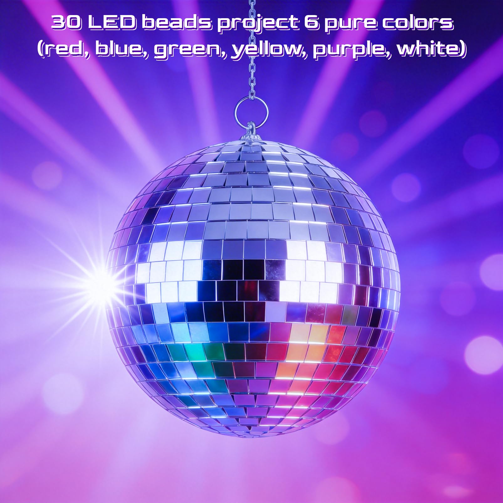Bola de discoteca con motor y luz, bola de espejo de 20 cm con 30 perlas LED, 6 modos de color, 3 programas, mando a distancia y control de sonido, funciona con USB/batería para fiestas, discotecas