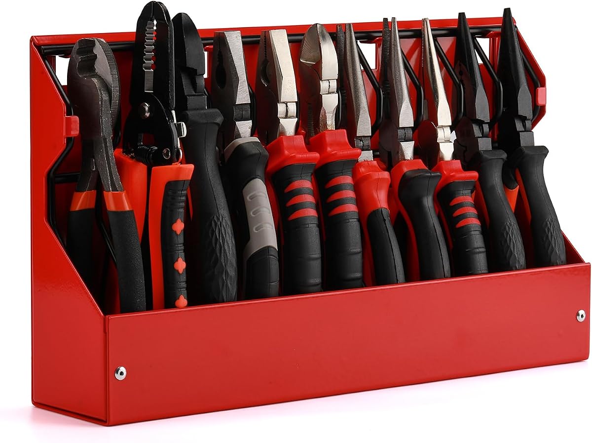 11 Slots Pliers Rack Organizer Holder, For Standard & Wide Pliers, All Steel, Fits in Toolbox Drawer, Chest, Pegboard, Tilt Feature, 11 Slots x 0.92"