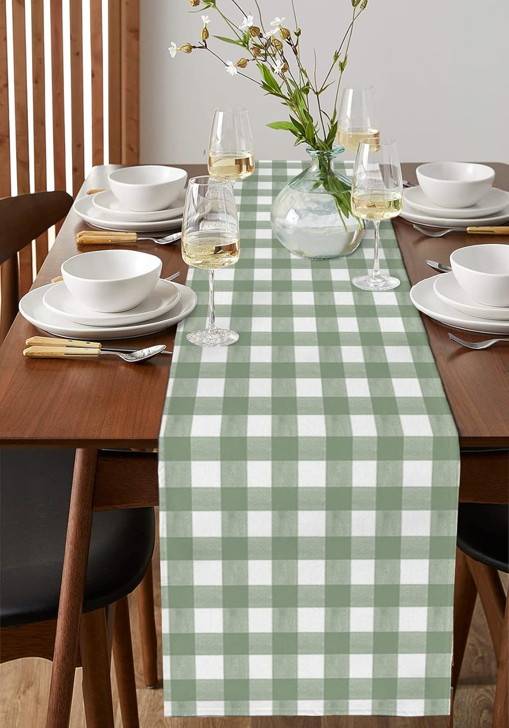 Sage Green Buffalo Plaid Table Runner 120 Inches, Farmhouse Green White Checkered Bed Runner Dresser Scarves Tabletop for Indoor Outdoor Parties/Ceremony/Banquet, 13"x 120"