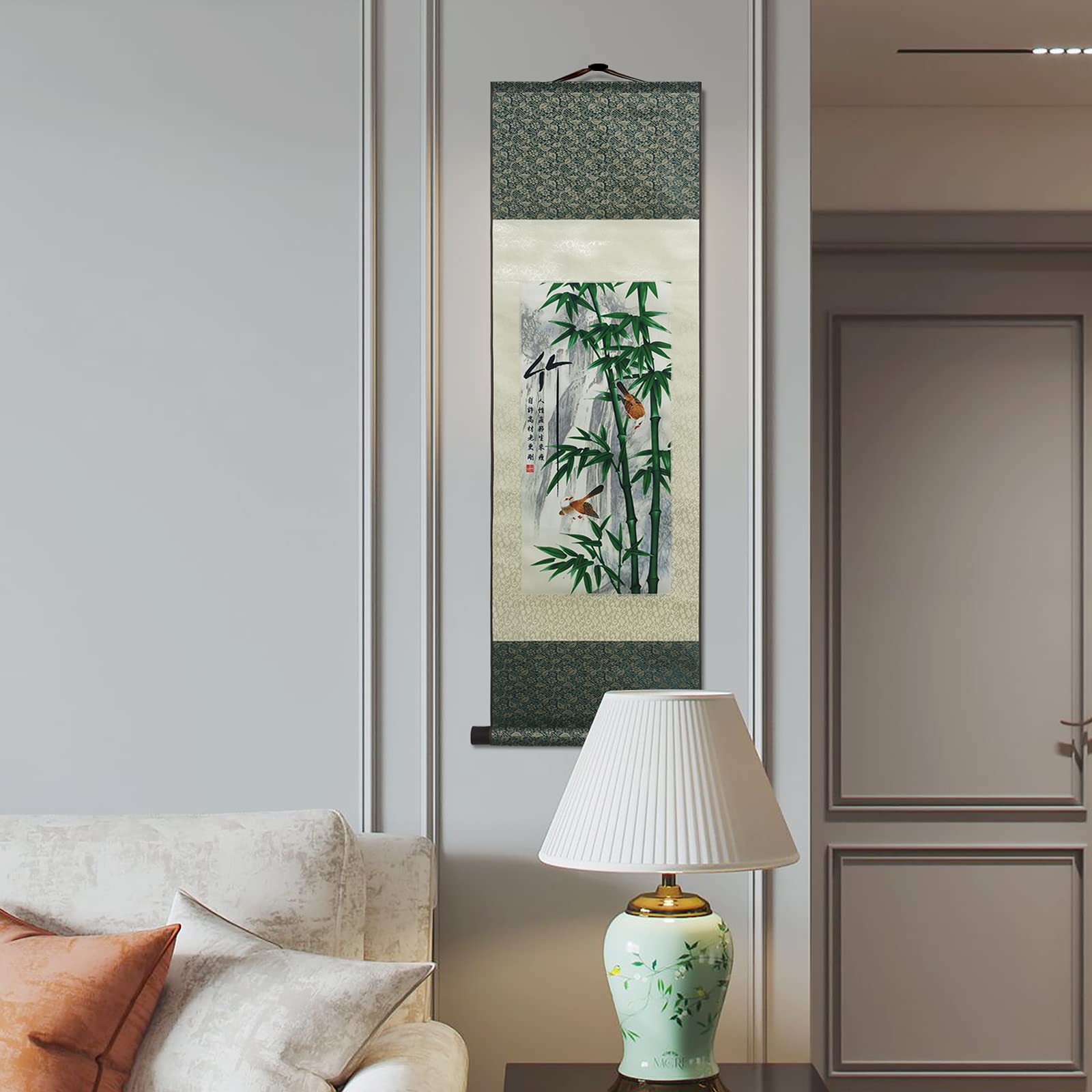Peinture en Soie Décoration Murale Asiatique Défilement ​Peinture 4 Fleurs D'hommes Justes - Prune Orchidée Bambou Chrysanthème - Bambou Art Chinois à Suspendre Décoration Orientale (94 x 30cm)