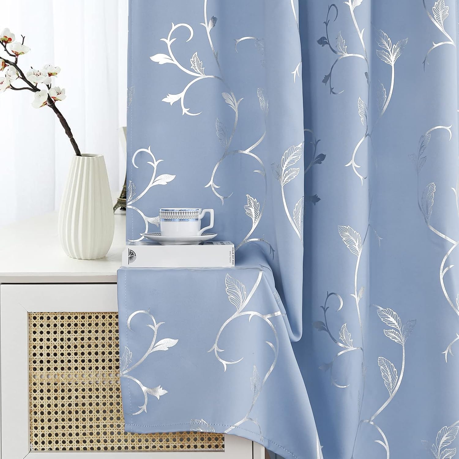 BUHUA Wave Floral Vine Print Blackout Curtains for Living Room Darkening Curtains Print Pattern Light Blocking Curtains for Bedroom 52W×84L Light Blue 2 Panels