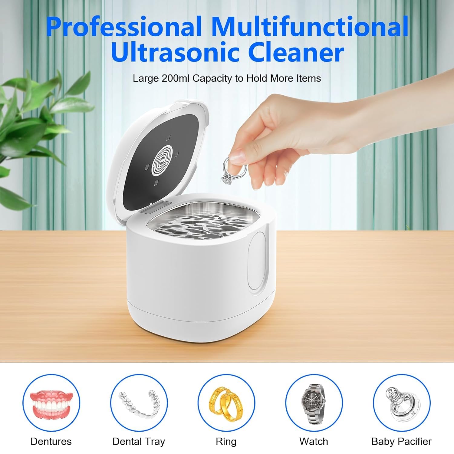 AVCNUJ Ultrasonic Cleaner, 47KHz Retainer Cleaner Machine with 3/6/8/10 Min Cleaning Times & LED Light & Drying, 200ml Portable Cleaner for Retainer, Aligner, Jewelry, Ring