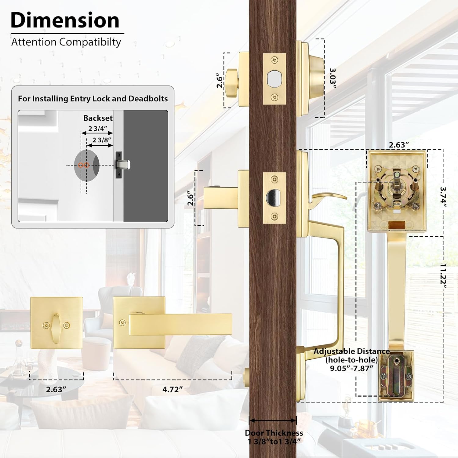 Haidms Gold Front Door Handle and Deadbolt Set, Entry Door Handle and Deadbolt with Reversible Handle Lever,Front Door Lock Set, Exterior Door Handles and Locks