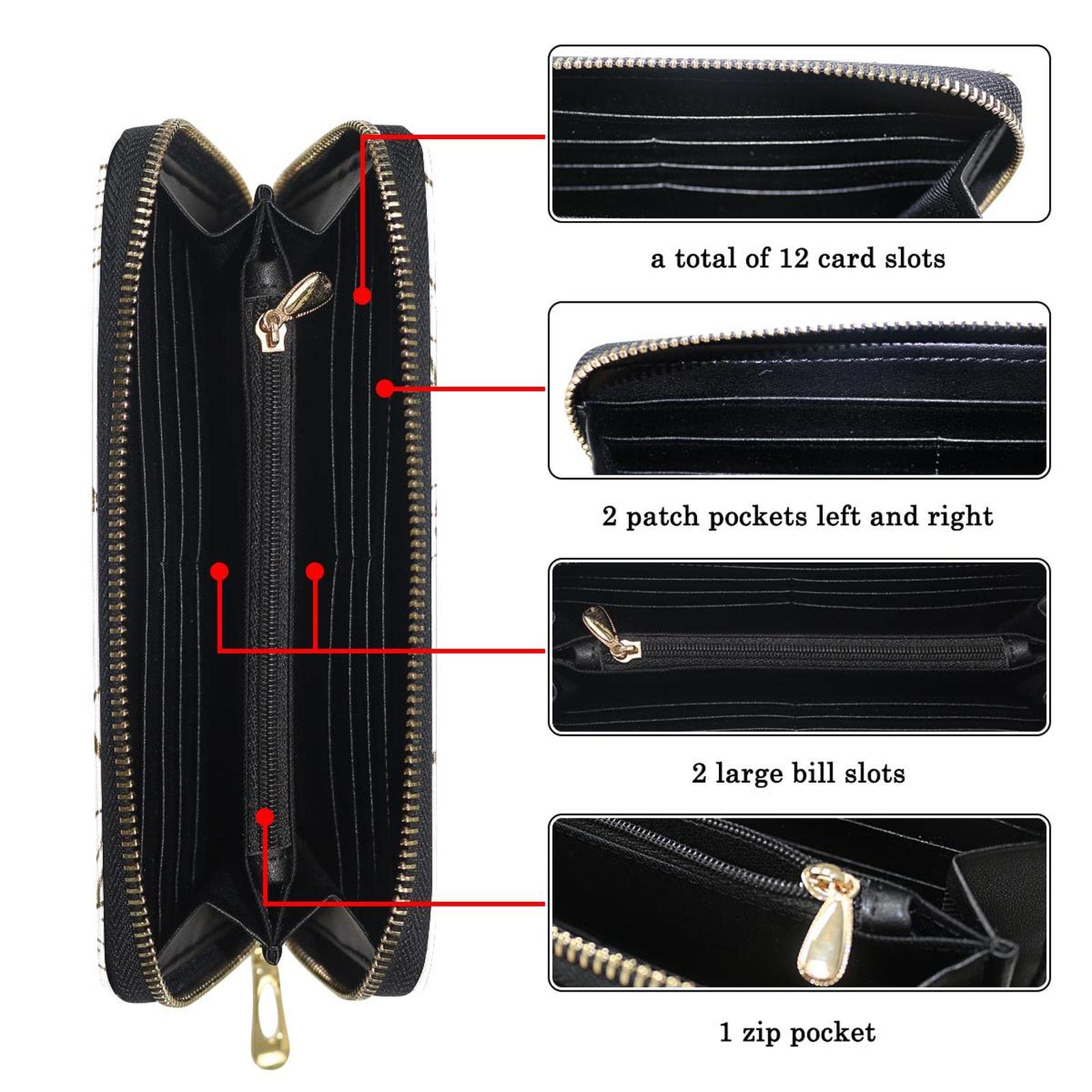 Cartera larga de cuero con cremallera dibujada a mano con patrón de alimentos 01, Varios colores, 20.5x2.5x11.5cm/8.07x1x4.53 in, Classic