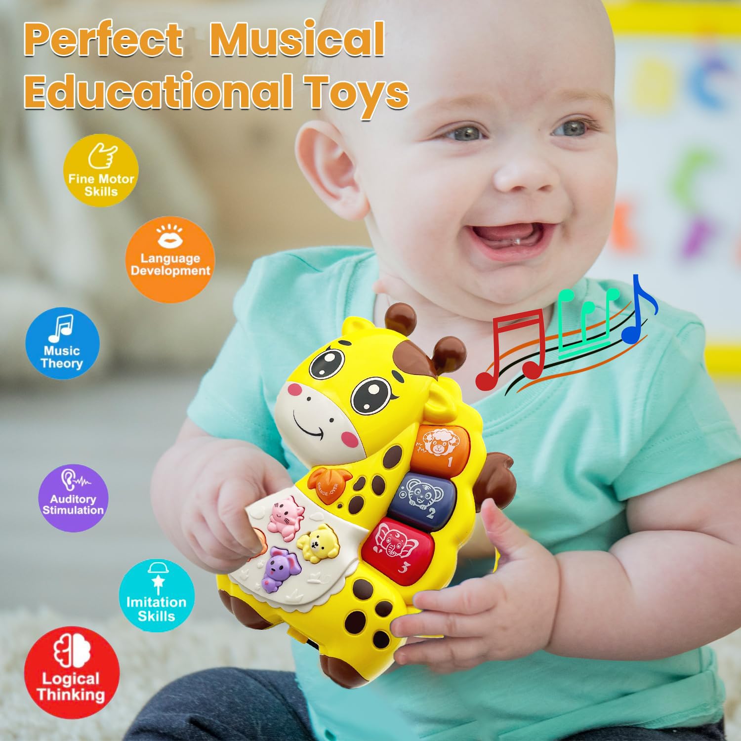 Giocattolo per pianoforte per bambini, 6-12 mesi, musica illuminata, giocattoli per bambini 0, 3, 6, 9 mesi, educazione precoce per ragazzi e ragazze (giraffa)