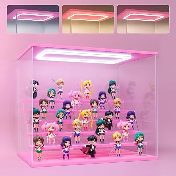 Pink Wood Base Acrylic Display Case for Collectibles, 6-Tier Clear Display Box with Steps for Funko Pop & Action Figures, Dustproof Showcase Organizer, 19.7x12.6x16.5 Inches
