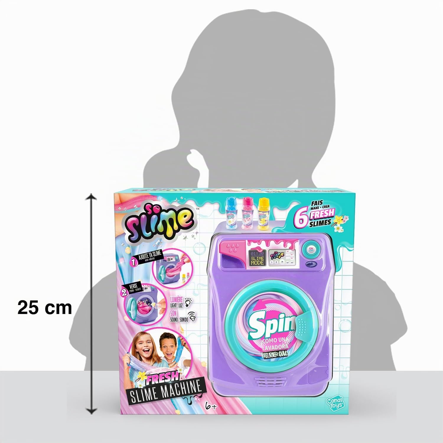 Canal Toys - So Slime - Lavadora de Slime Machine con Aroma y Decoraciones | 1 Máquina de Slime, 6 Slimes, 3 Botes de Bolitas Perfumadas, Pegatinas, Cesta y Bote