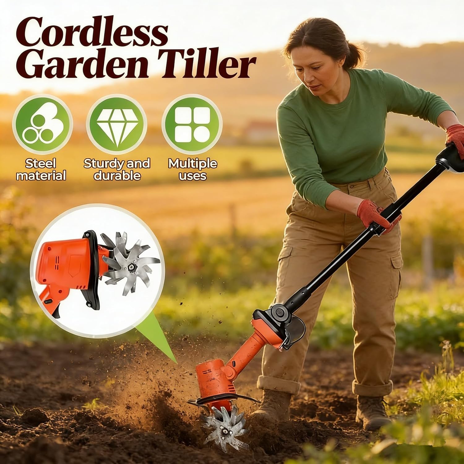 21V Cordless Mini Tiller Cultivator, Handheld Tilling Machine, Electric Garden Tiller, for Gardening, with 2 * 1.5Ah Batteries & Charger, 5In Tilling Width and 5In Depth Garden Rototiller (No Pole)