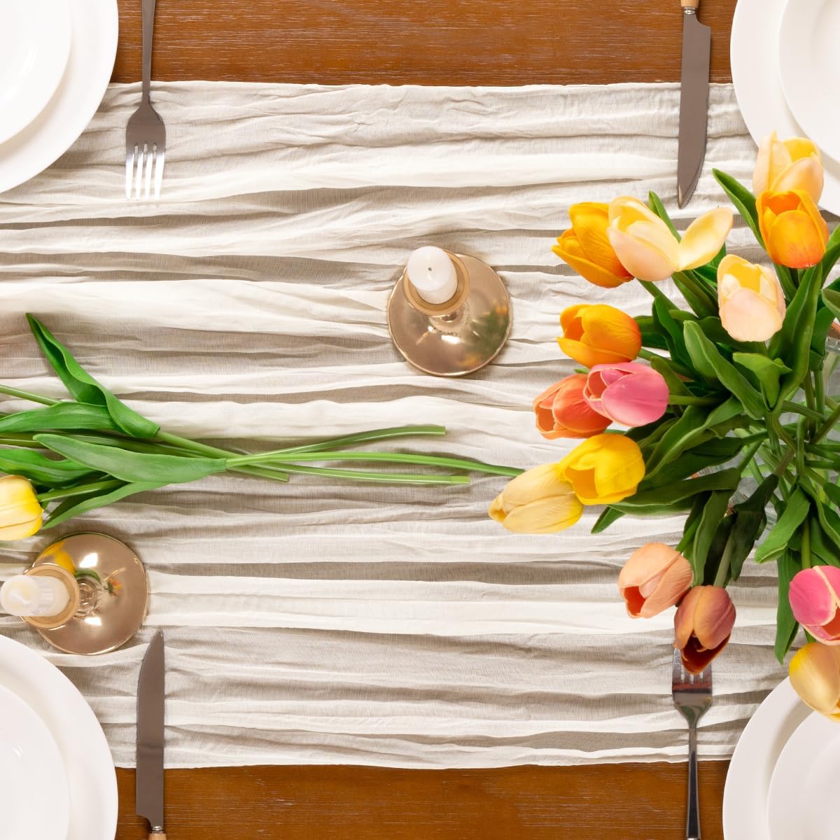 12pcs Ivory White Easter Cheesecloth Table Runner Boho Gauze Spring Table Runner 22×120 inches 10FT Table Decor for Wedding Festival Baby Bridal Shower Birthday Party Ceremony