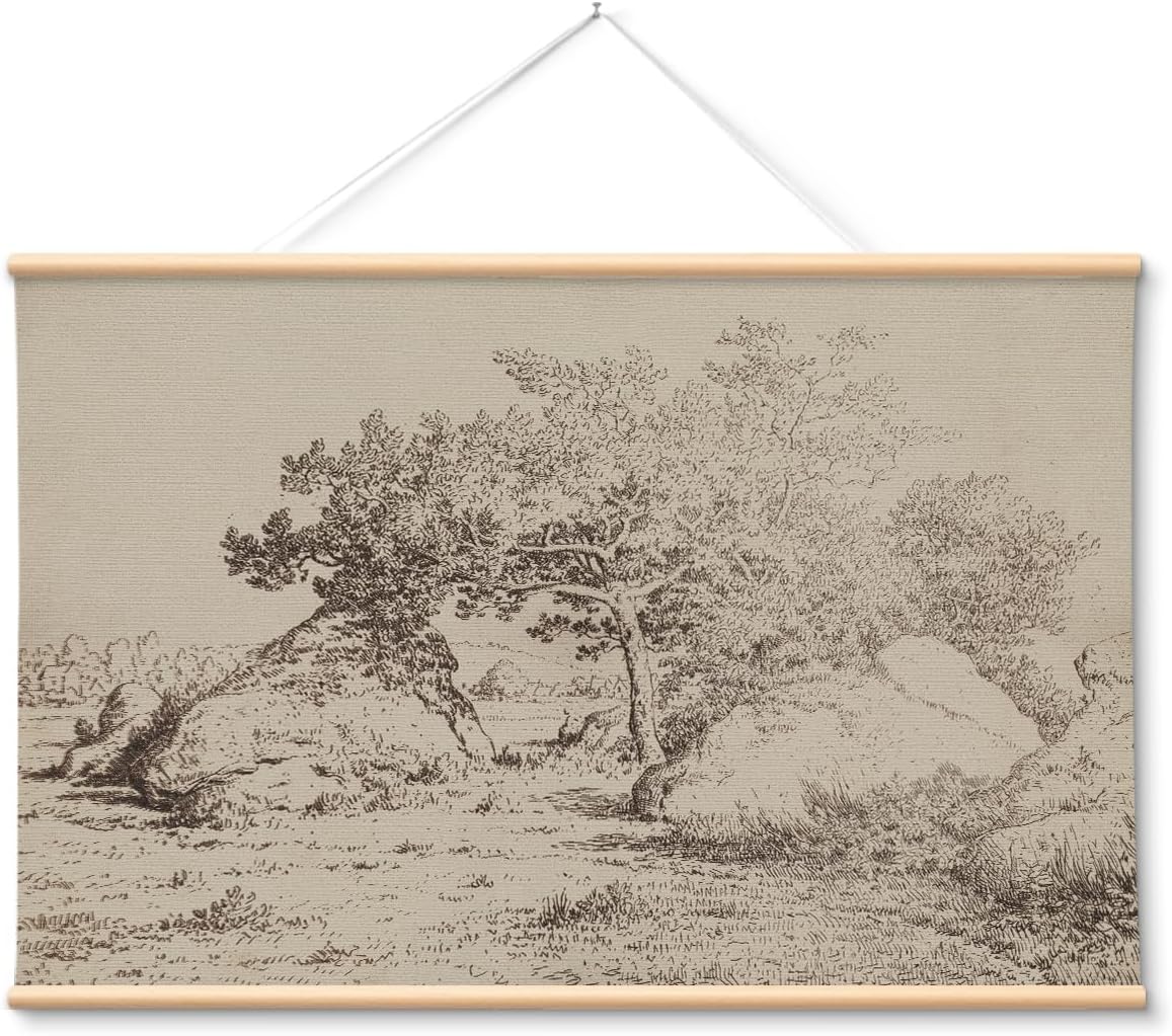 VIYYIEA Extra Large Canvas Wall Art, 36x54 Inch Vintage Landscape Sketch, Neutral Antique Nature Wall Decor for Living Room or Bedroom, Above Sofa