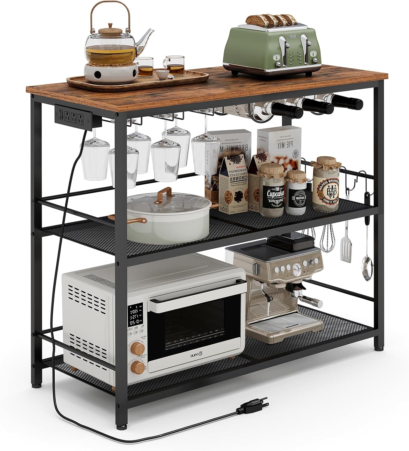 35.4" Kitchen Island, Kitchen Storage Rack with Power Outlet, Microwave Stand with Wine Rack, 3 Tier Coffee Bar Station for Dining Room, Rustic Brown and Black KIHR91E01