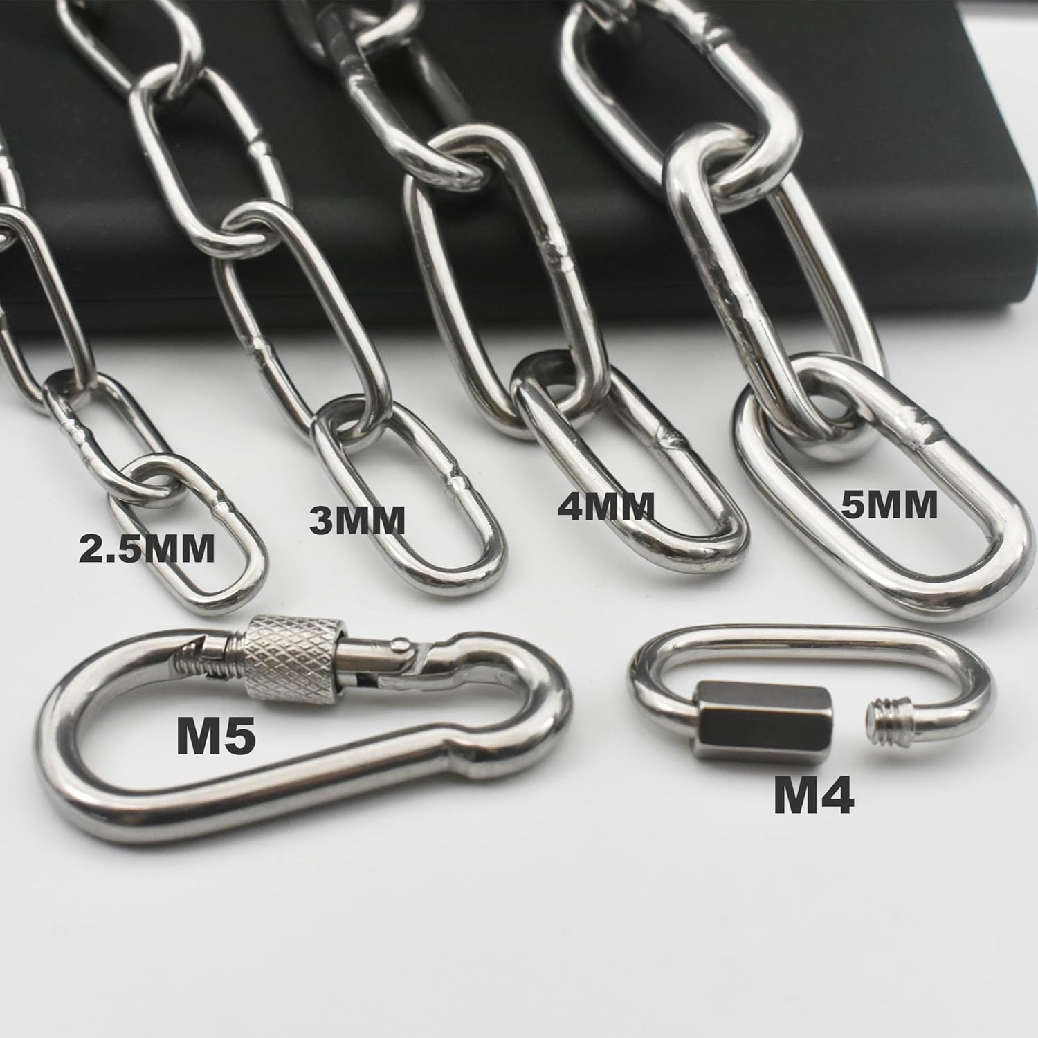 304 Stainless Steel Chain 3/32 in x 5 ft Closed Links Short Chain Weight with 2 Quick Carabiner Hooks Locking Pulling Towing for Outdoor Fence Pet Dog, 1 pcs (2.5mm x150cm) - Image 5