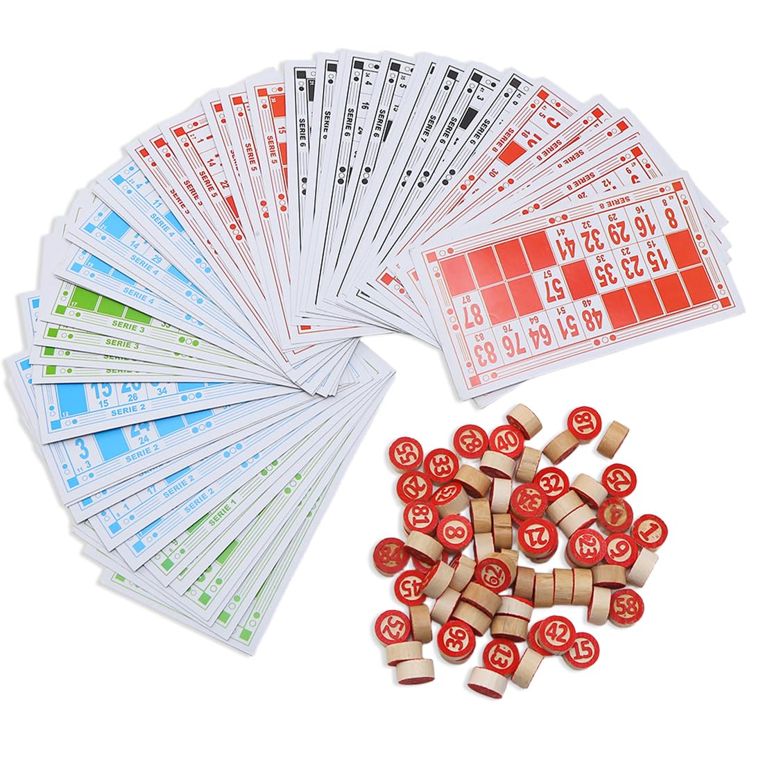 ARBUTUS Giochi Di Bingo E Lotteria: 48 Cartoni, 90 Gettoni In Legno A 2 Facce, 100 Segnalini In Plastica 4 Colori