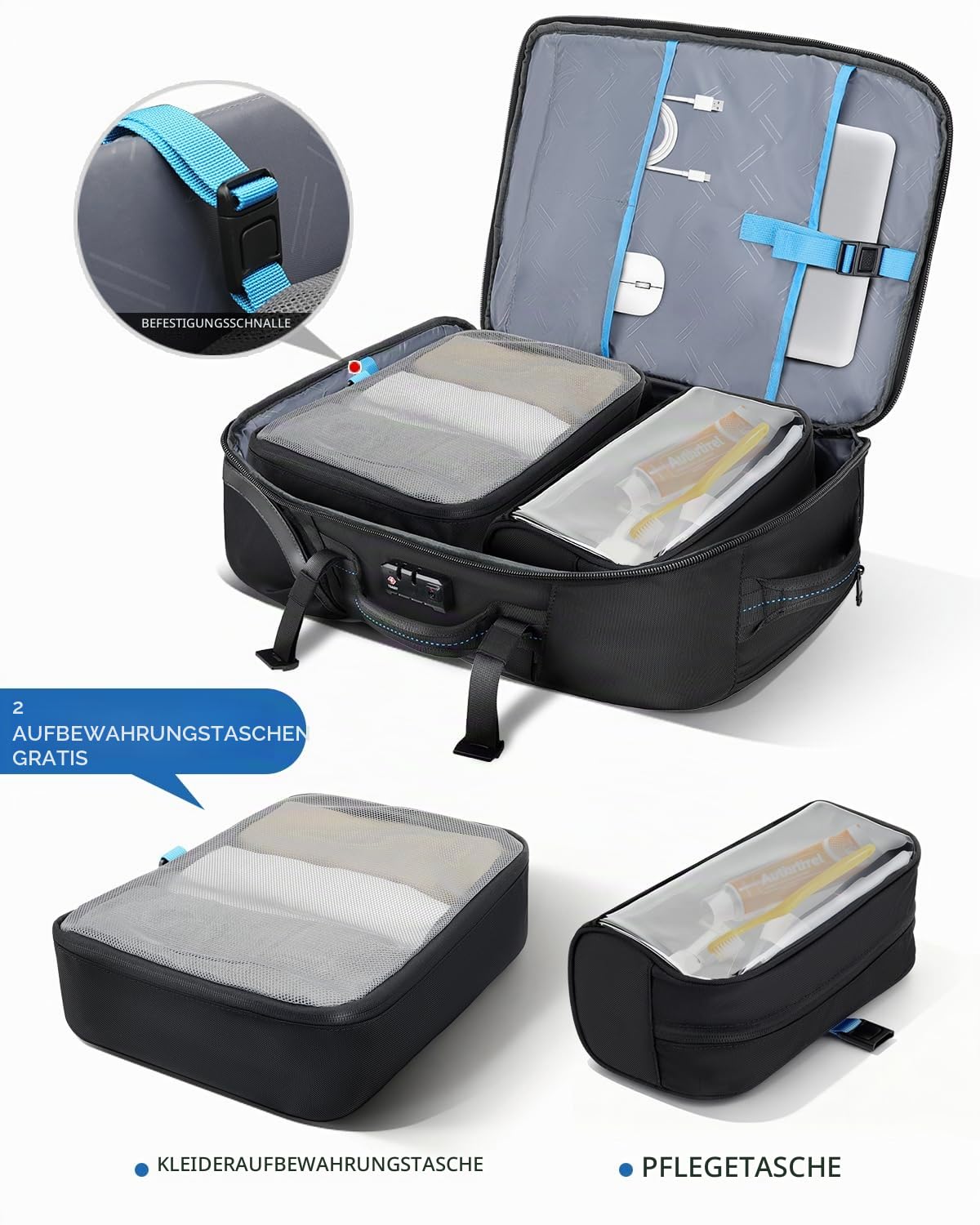 Trolley Rucksack mit Rollen – 45L Rollbarer Laptop-Rucksack inkl. 2 Packwürfeln, Wasserabweisendes Handgepäck für Flugzeug & Business, Koffer-Rucksack für Herren zum Reisen & Pendeln, Schwarz