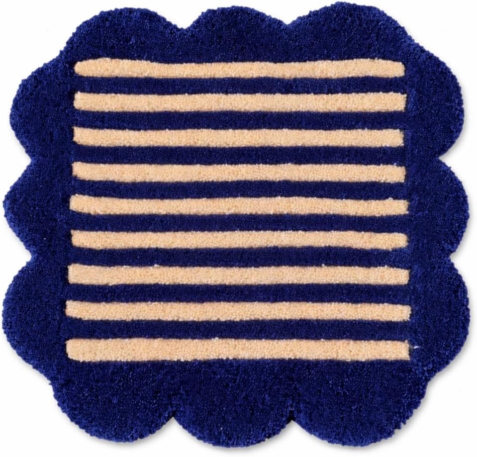 Handmade Wool Area Rug with Striped Pattern and Scalloped Edge, Handwoven Soft Wool Carpet for Living Room, Bedroom & Home Décor (Blue & Beige, 1x1ft (Sample Rug))