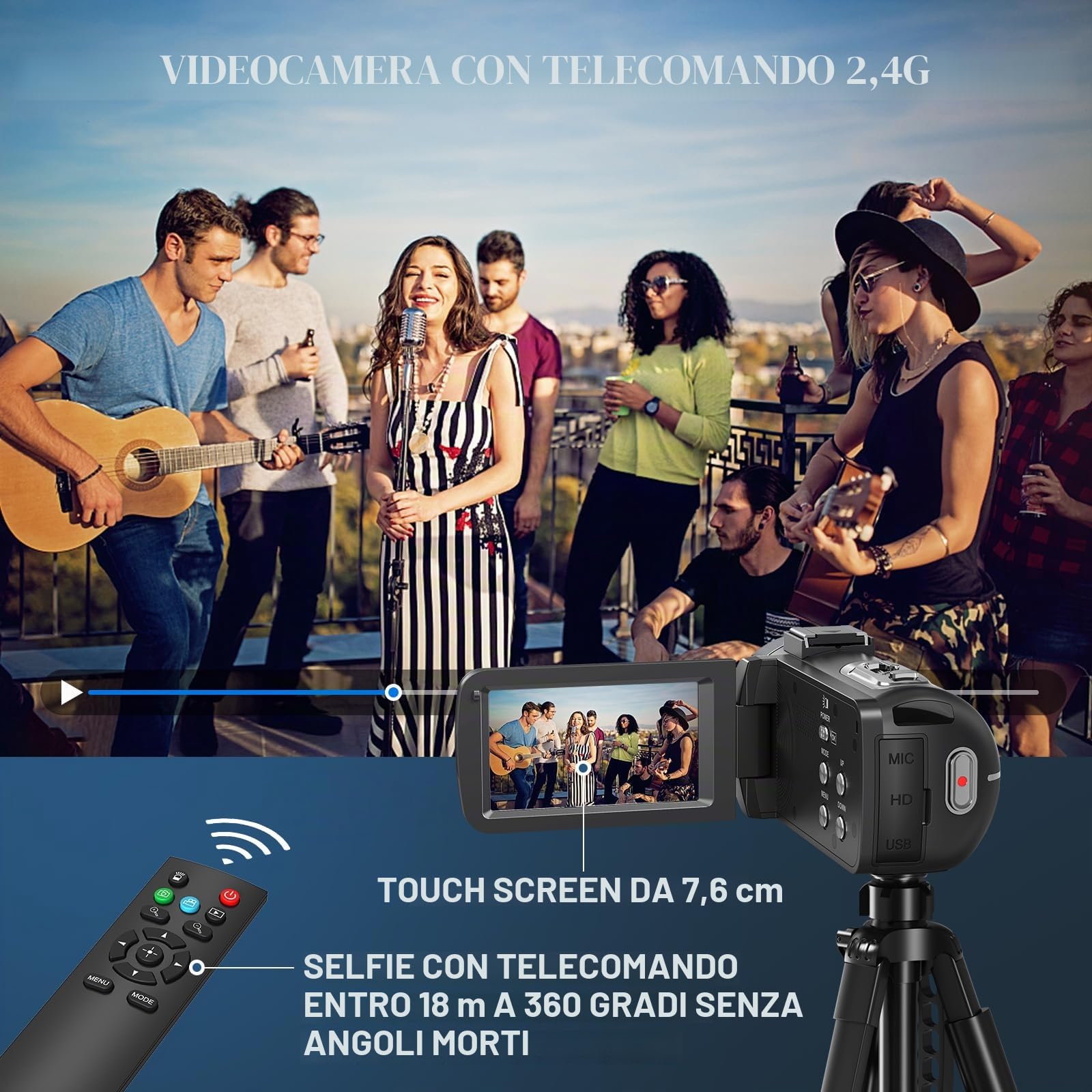 Videocamera, 8 K, 64 MP, 18 X, zoom digitale, infrarossi, visione notturna, 3,0 pollici, UHD touch screen WiFi, per YouTube con scheda SD, telecomando da 2,4 G e 2 batterie