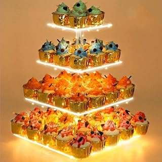 YestBuy 4-Tier Acrylic Cupcake Stand with LED Lights - Holds 50 Cupcakes for Weddings, Birthdays, Parties (Yellow Light)