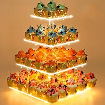 YestBuy 4 Tier Cupcake Stand Acrylic Tower Display with LED Light Premium Holder Dessert Tree Tower for Birthday Cady Bar Décor Weddings, Parties Events (Yellow Light)