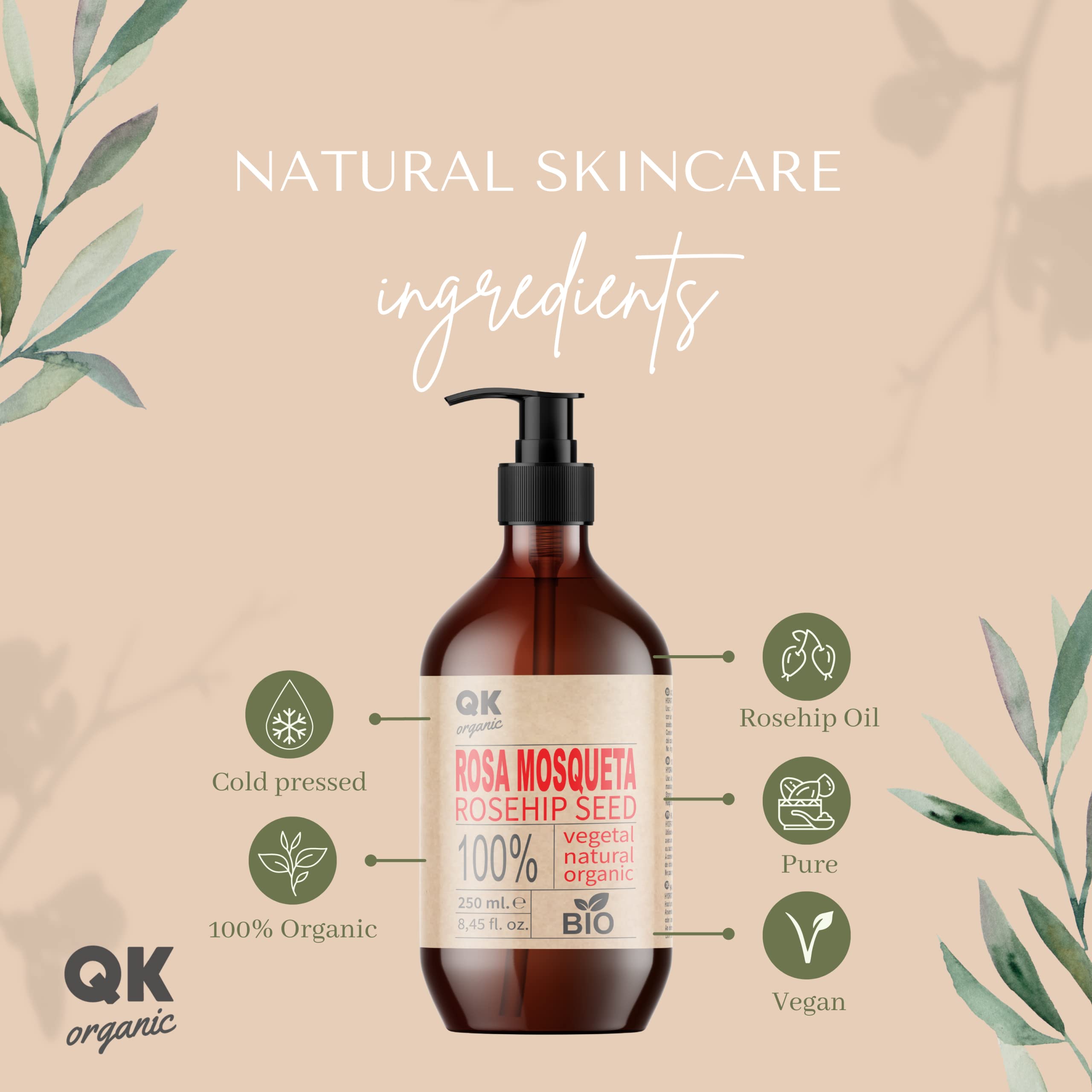 Rosehip Oil, 100% Pure Organic Vegan - 250 ml - for Scars and Stretch Marks - Anti-Wrinkle Anti-Aging - BIO - Cold Pressed - Image 2