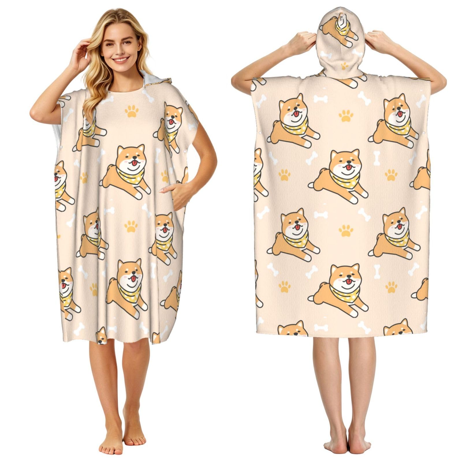Poadnly Shiba Inu Dog Pattern, Adult Hooded Beach Towel 90 x 110 cm,Changing Bath Robe, Surf Poncho Towel For Women Men