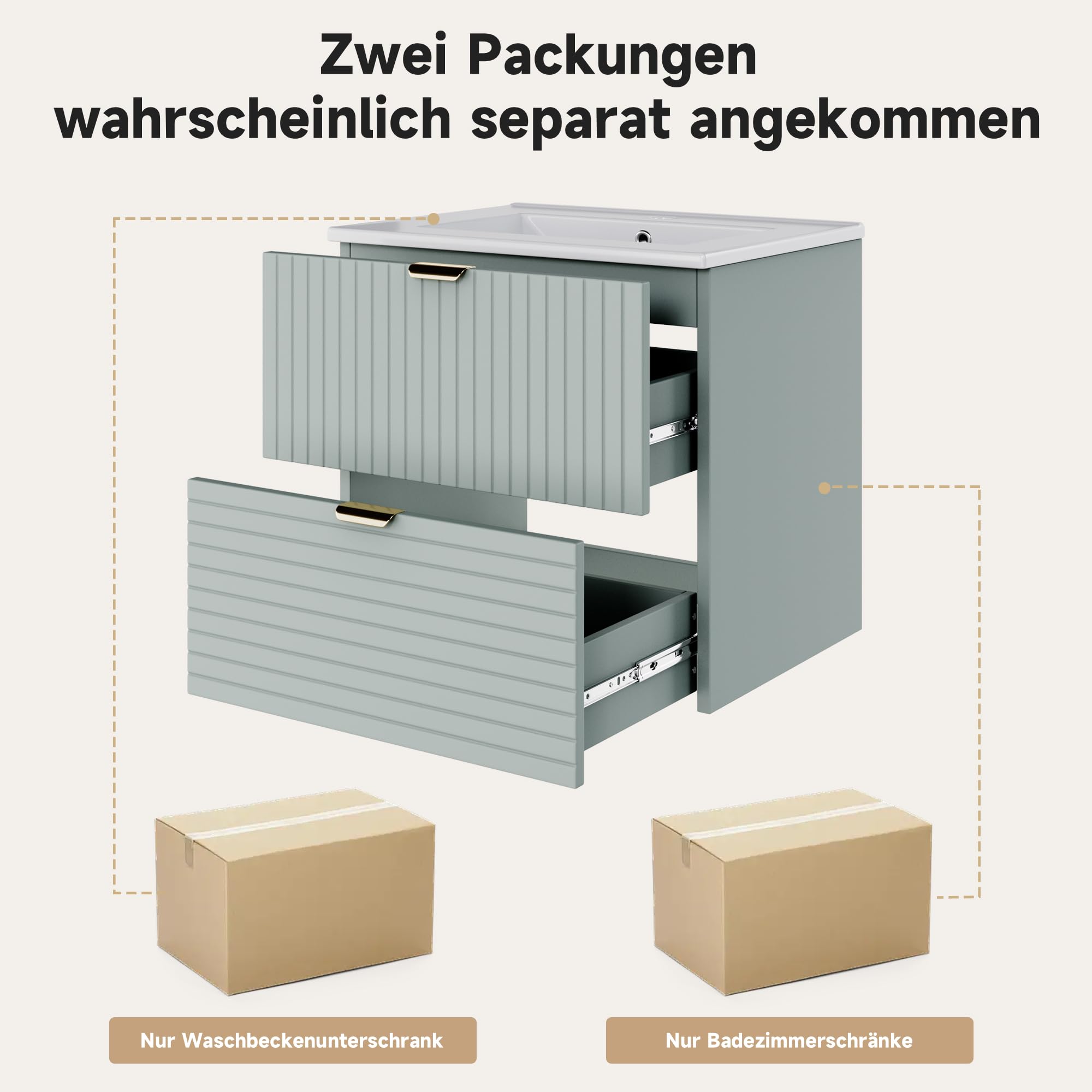 HAINEW Umywalka z szafką pod umywalkę, zestaw mebli łazienkowych z szafką pod umywalkę, wiszące meble łazienkowe, 2-częściowy zestaw mebli łazienkowych z 2 szufladami, 61 x 46 x 57 cm, miętowa zieleń