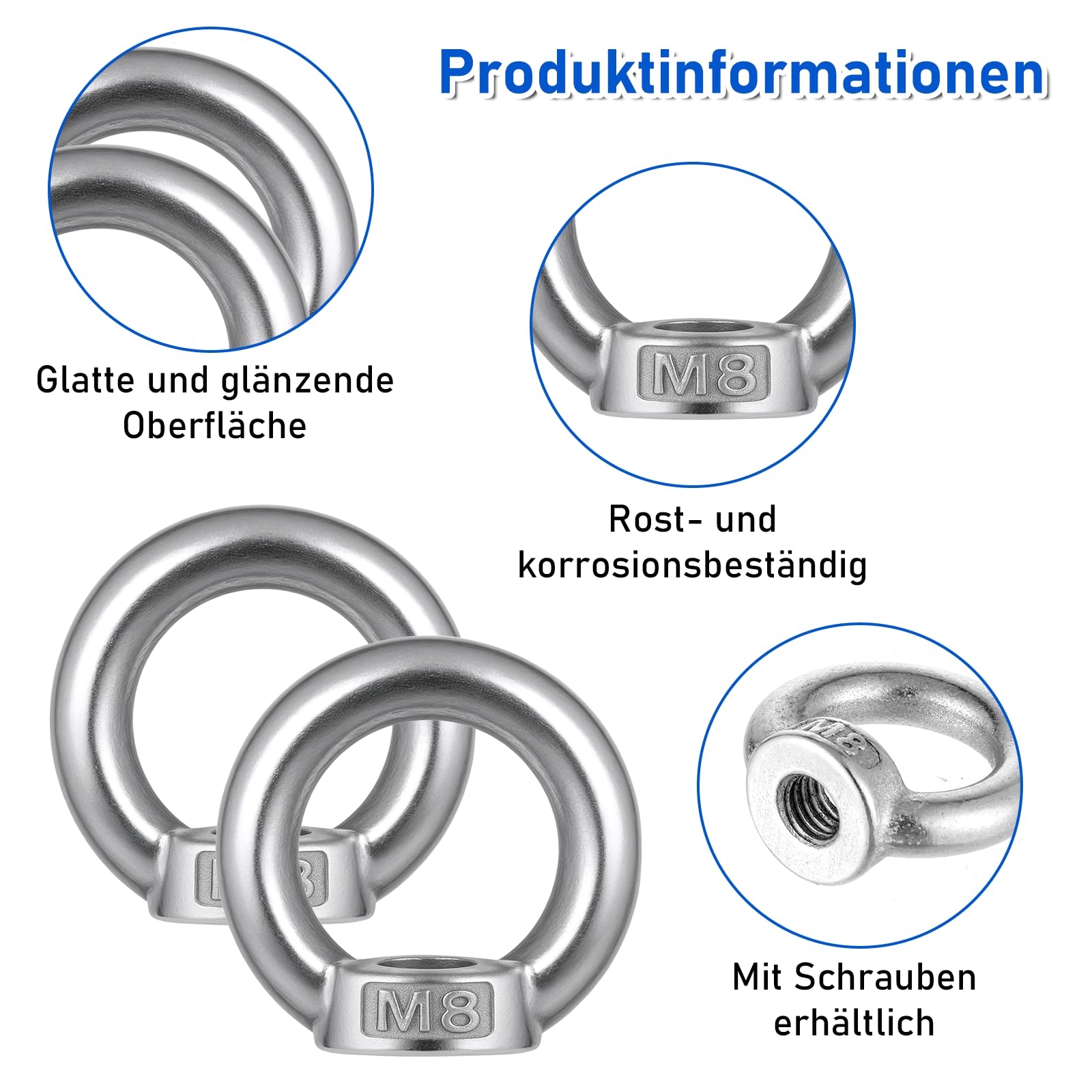 5 tuercas anulares M8, 304 de acero inoxidable 304, tuerca de ojal, ojales anulares, tuercas anulares, tornillos de anillo, perno de ojo para accesorios de elevación