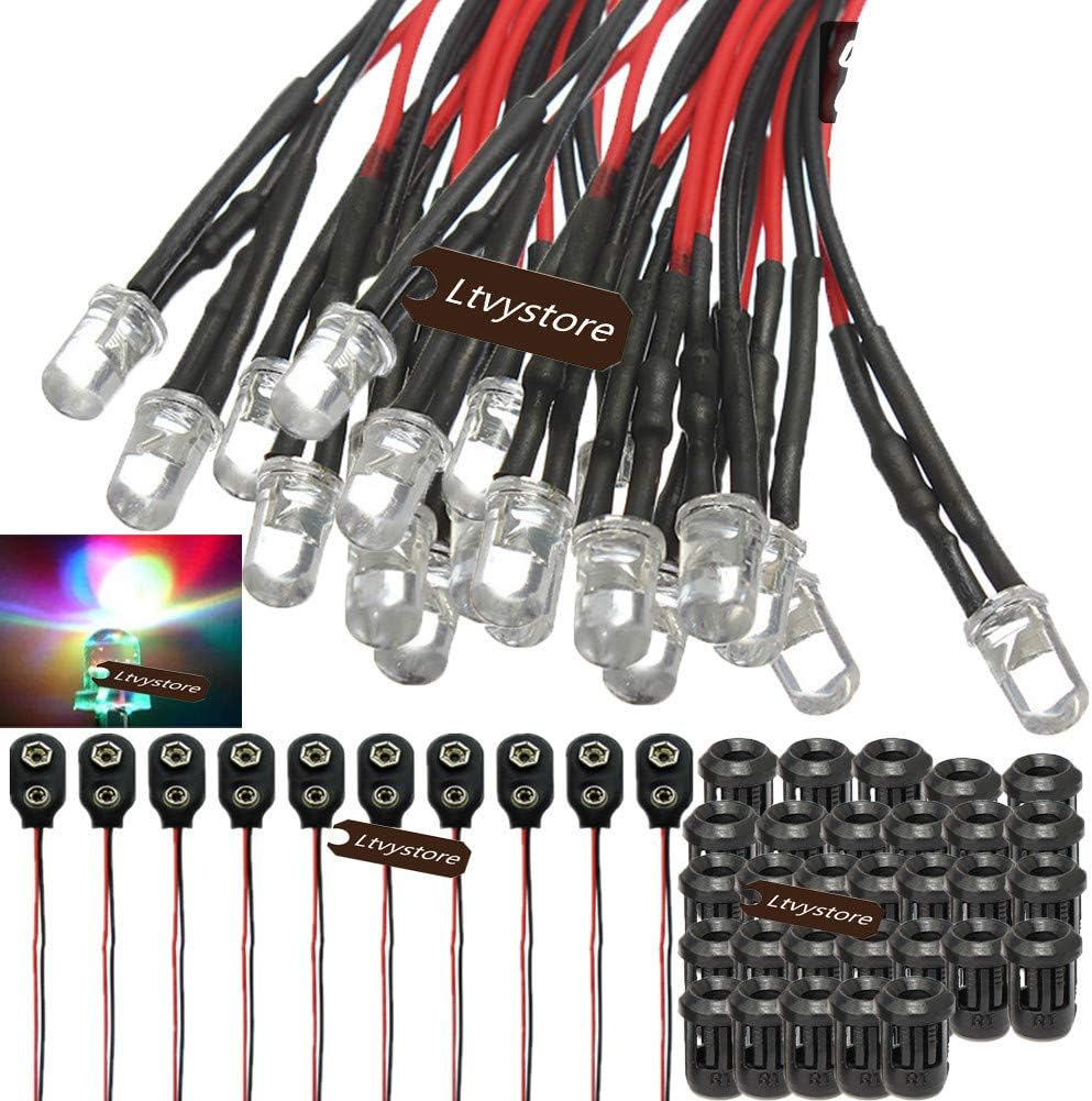 70Pcs 3MM 12V 7Colors Fast Fash LED Pre Wired Prewired 7.87" Lamp Light Bulb Prewired Emitting Diode & Black 3mm LED Clip Holder Panel Mount & 9V Battery Holder Clip Snap On Connector Cable