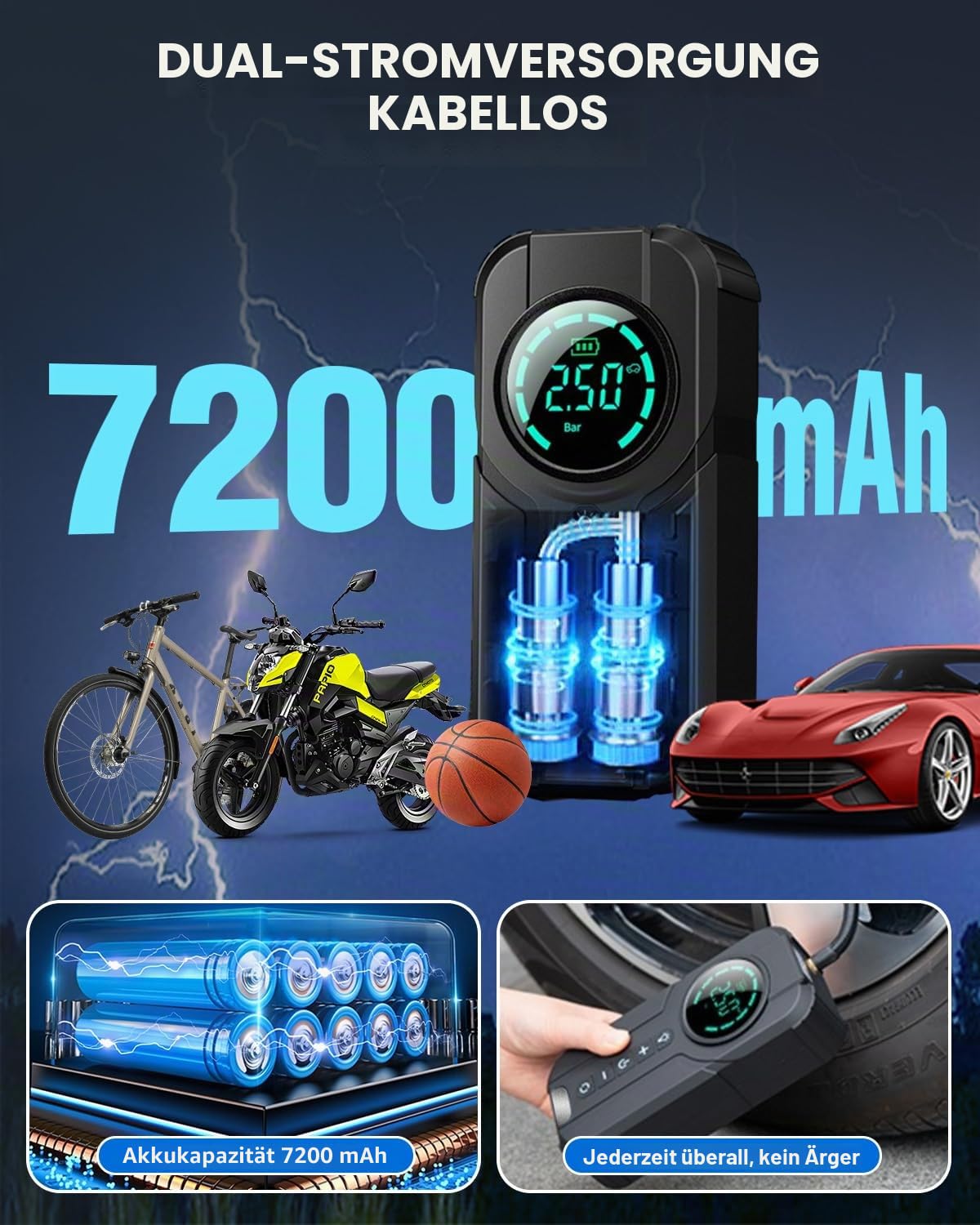 VICKSONGS Elektrische Fahrradpumpe, 7200mAh Elektrische Luftpumpe Fahrrad Kompressor, 180PSI Fahrradpumpe Elektrisch Wiederaufladbar für Auto Fahrrad Motorrad Basketball