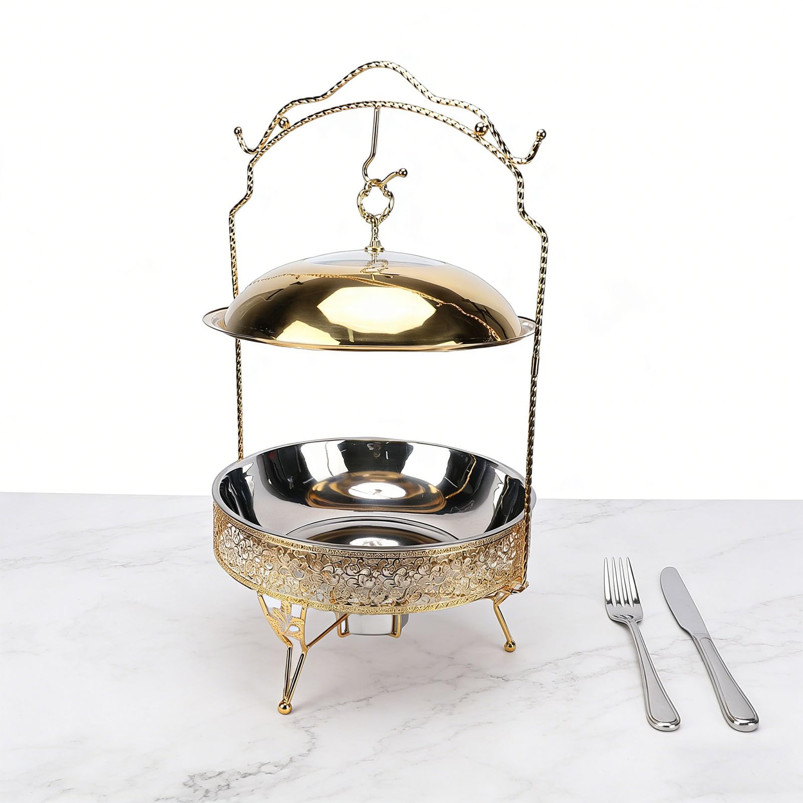 Sxhlseller Juego de Platos Redondos de Acero Inoxidable de 8 Litros, Calentador de Alimentos Tipo Buffet con Tapa Colgante y Cuchara para Eventos de Catering, Fiestas, Bodas y Reuniones en el Hogar,
