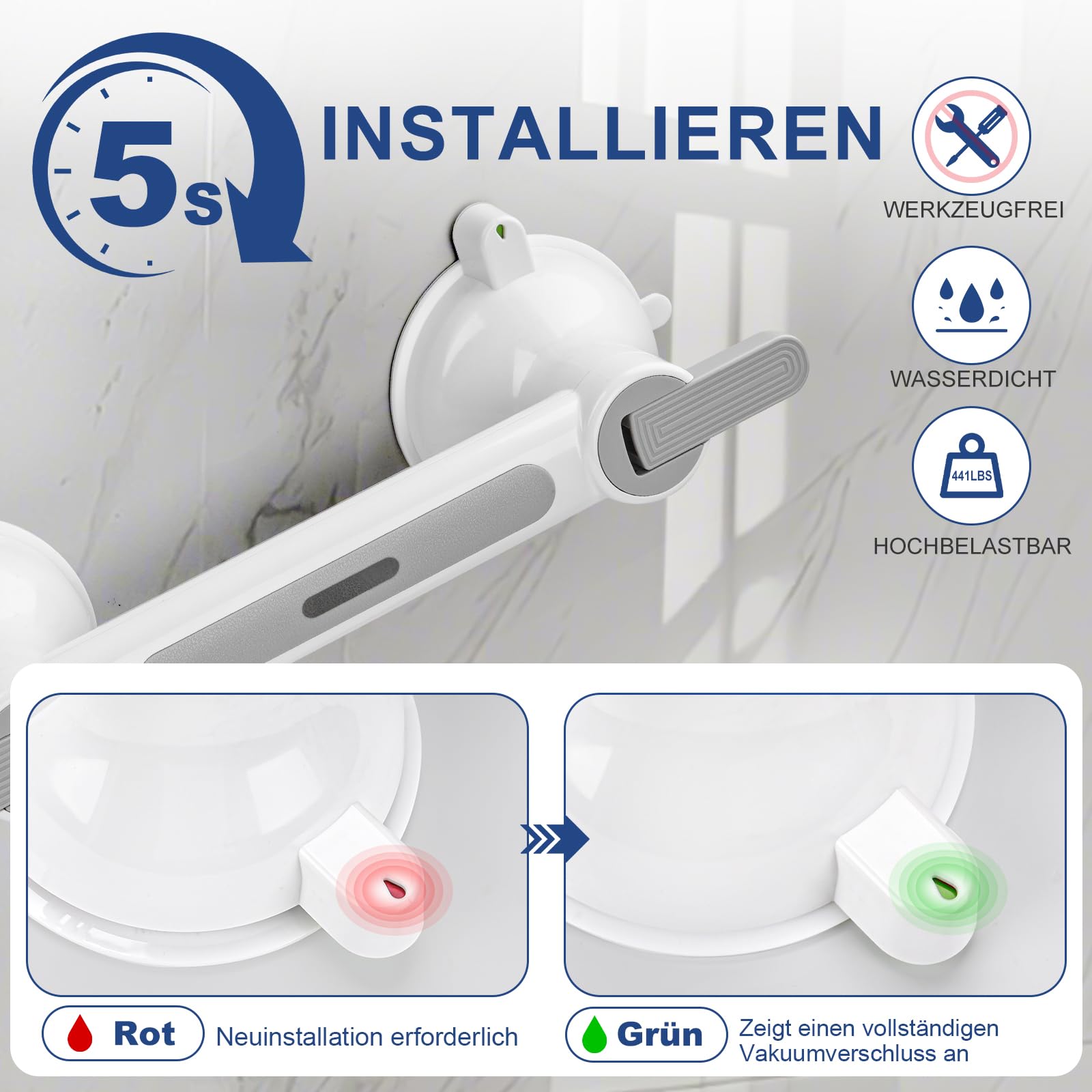 Haltegriffe für Senioren mit Saugnapf, Haltegriff Dusche & Badewanne Ohne Bohren MAX 200KG, Abnehmbare – Rutschfester Sauggriff mit Teppich für Bad WC Treppen & Behinderte Mobilitätseinschränkungen
