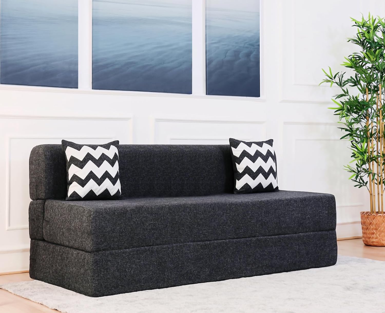uberlyfe Xtra Long 4-Seater Sofa Cum Bed | 1-Year Warranty | King Mattress, Sofacum Bed for Tall People | 15″ Sofa Height |2 Zigzag Pattern Cushions | Jute Finish Fabric, Dark Grey | 6′ X 6.5′ Feet uberlyfe Xtra Long 4-Seater Sofa Cum Bed | 1-Year Warranty | King Mattress, Sofacum Bed for Tall People | 15″ Sofa Height |2 Zigzag Pattern Cushions | Jute Finish Fabric, Dark Grey | 6′ X 6.5′ Feet