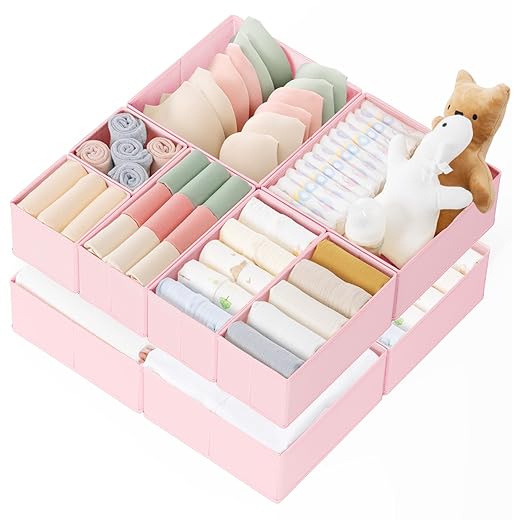 Criusia Drawer Organizer Clothes, 10 Pack Dresser Organizer for Baby Clothes, Underwear, Sock- Foldable Closet Organization and Storage Dividers Bins for Nursery, Bedroom (Pink)