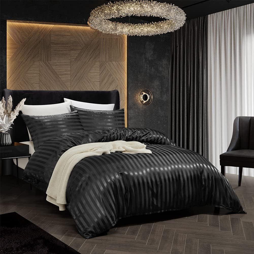 3 Piece Satin Duvet Cover Set Bedding Sets Italian Style 1800 Series Luxury Rich Silk Silky Super Soft Stripes Hidden Zipper Closure Reversible Wrinkle Free Honeymoon(Black, King)