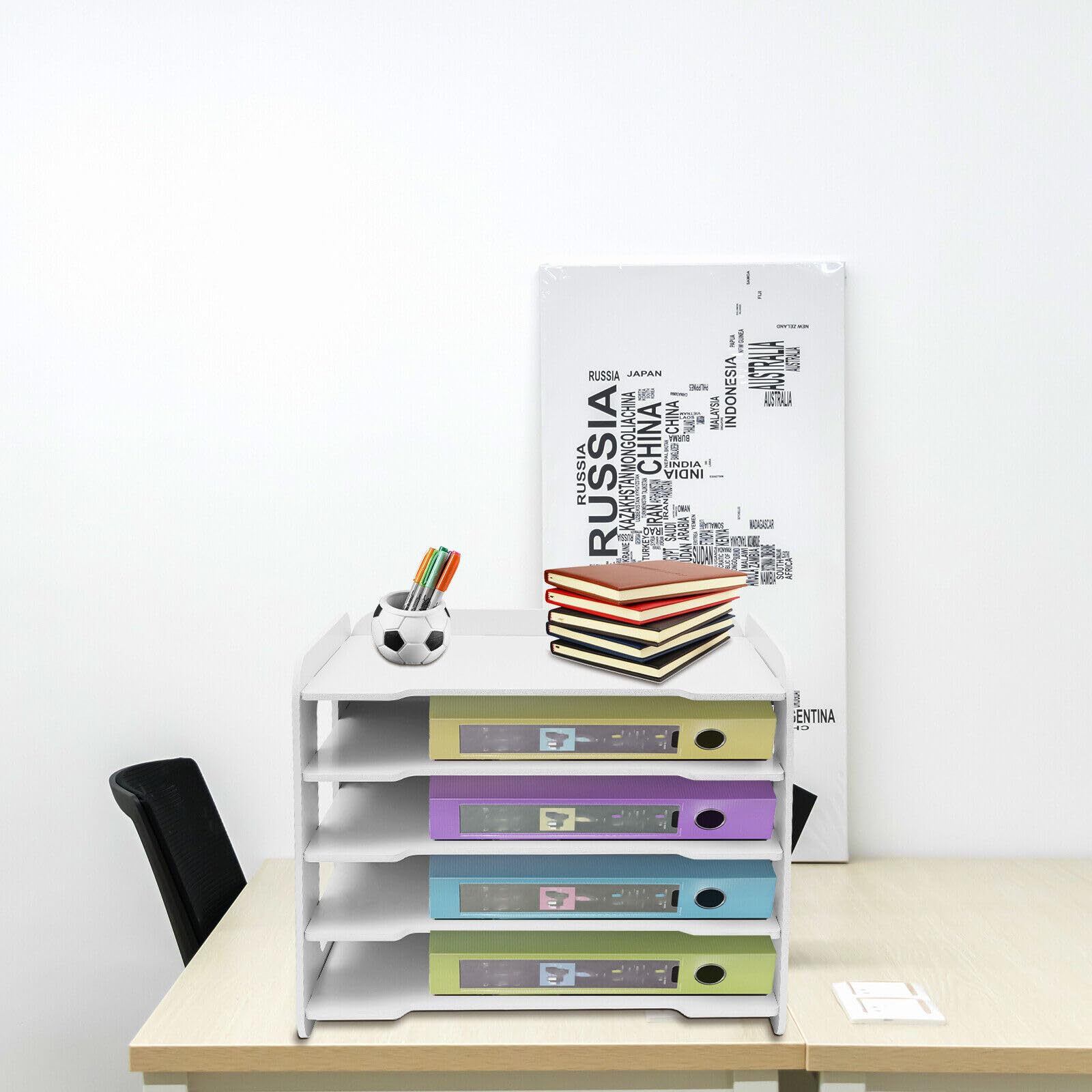 Bandeja apilable para cartas de 5 pisos, PVC compuesto de madera y plástico para el organizador de carpetas de escritorio, organizador de cartas, 34 x 25 x 26,5 cm