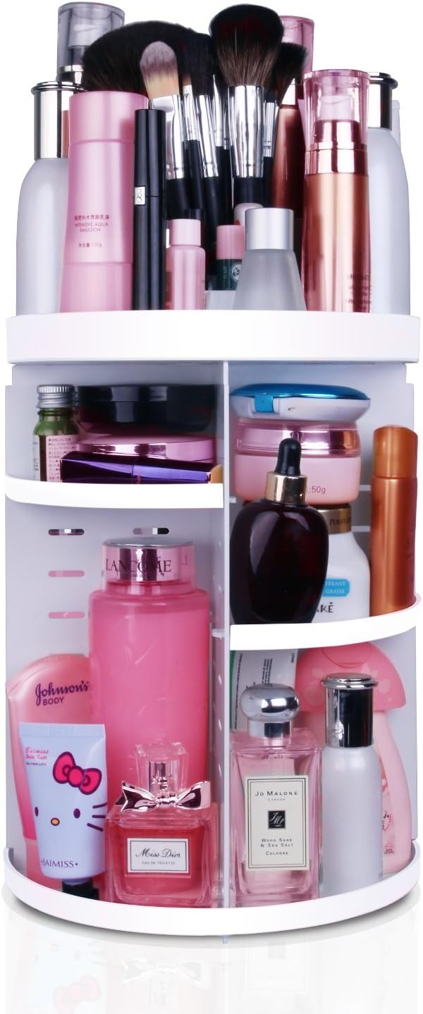 MOFIR Makeup Organizer 360 Degree Rotating, Adjustable Multi-Function Cosmetics Storage Box, Small Size Extra Large Capacity, Fits Different Sizes of Cosmetics (Circle with Grid Top, White)
