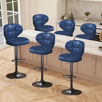 Bar Stools Set of 6, Adjustable Swivel Bar Stools with Back, Counter Height Bar Chairs with Footrest, PU Leather Padded Seat, Metal Base, Kitchen Island Dining Room Blue