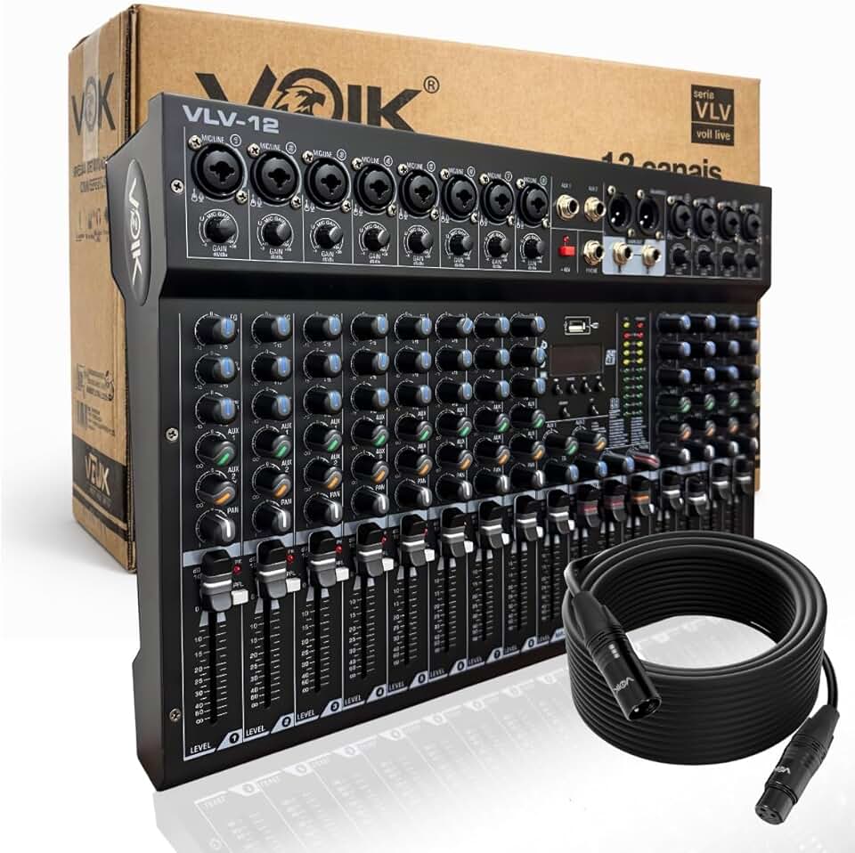 Mesa De Som USB Bluetooth 12 Canais Voik VLV-12 USB + Cabo XLR