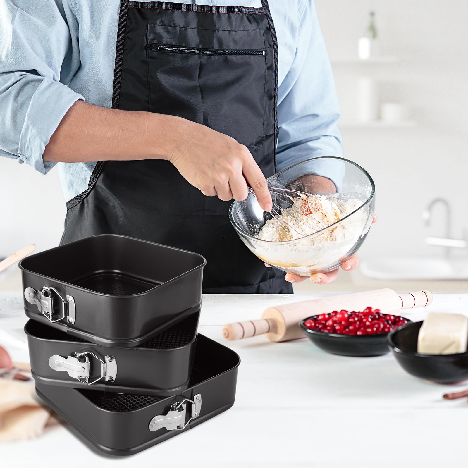 Lot de 3 moules à charnière carrés avec fond amovible 20,3 cm/22,9 cm/25,4 cm Moule à gâteau carré anti-adhésif pour gâteaux, cheesecakes, pizzas et quiches