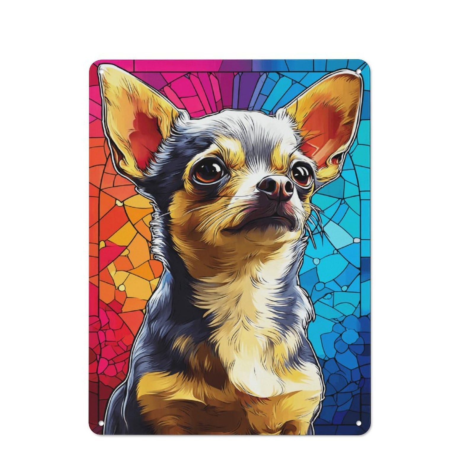 Junmoney Stained Glass Chihuahua Portrait -1 40X30cm Vintage Tin Sign With For Hobby Room Or Studio, For Winter Interiors And Metal Sign Collectors