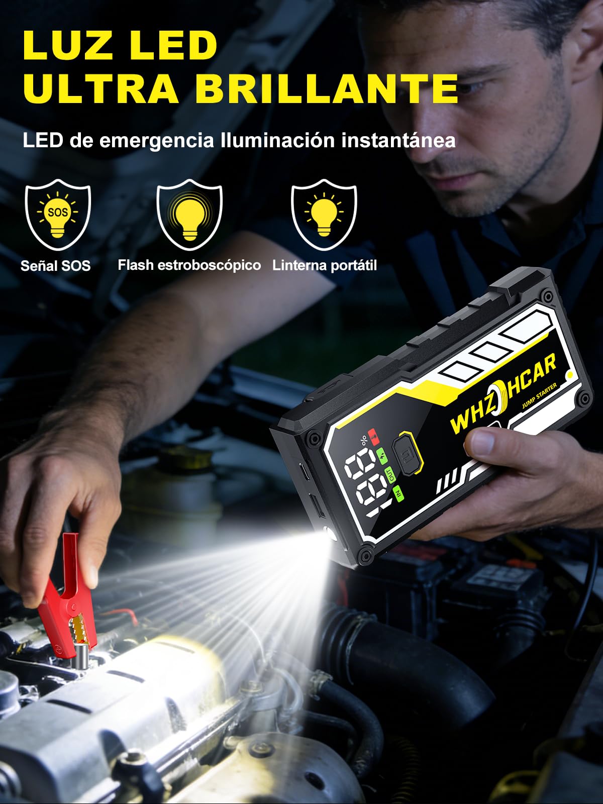 Arrancador Portátil para Coches de 8000A Arrancador de Baterias de Coche 12V Arrancador de Coches para Todos Gasolina o 10L Diesel con Cables Inteligentes, Linterna LED y Pantalla LCD