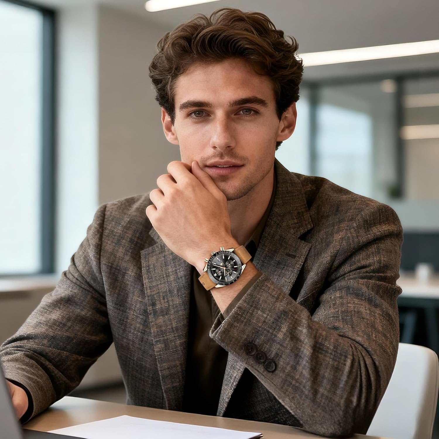 BENYAR By Men's Watch Brown Leather Strap Quartz Chronograph Watch Men Date Calendar Waterproof Watch Men's Sport with Blue/Black Dial Brown, Rose Gold, Black