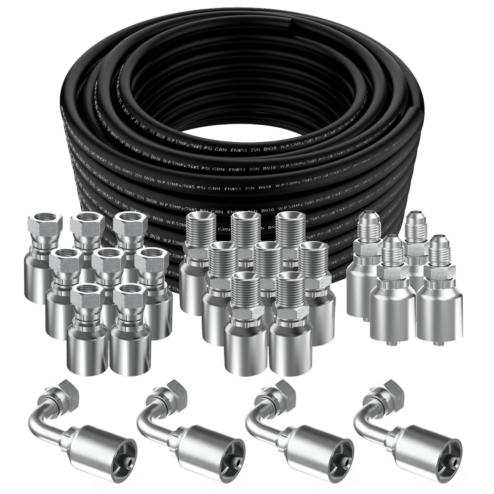 100Ft 3/8 Hydraulic Hose with 24Pcs 3/8" NPTF Male & 3/8inch JIC 37° Female & Male & Female 90° Elbow Hydraulic Hose Fittings W.P.53MPa / 7685PSI