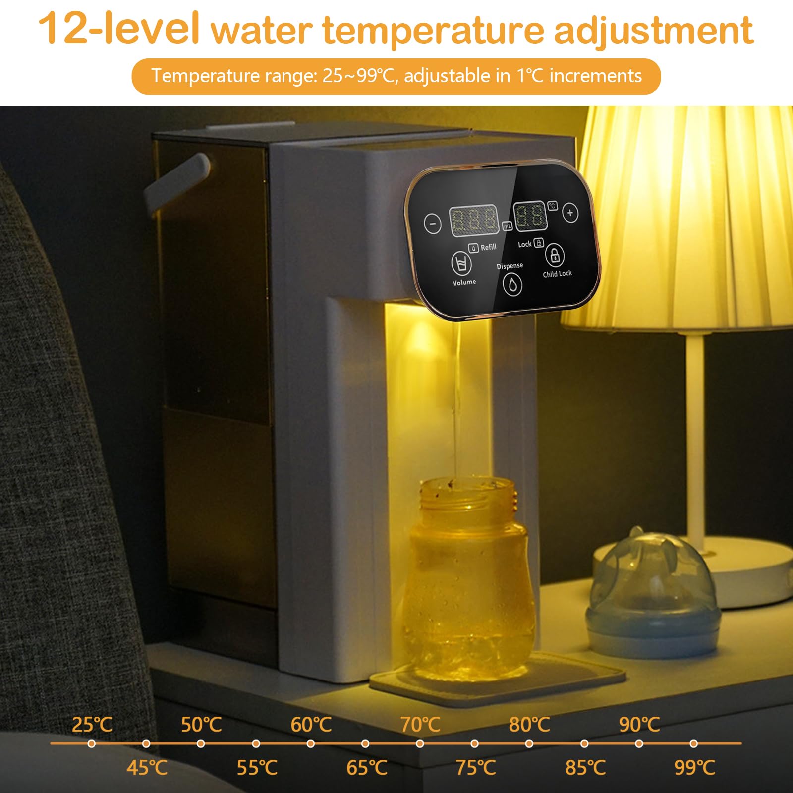 Distributeur d'Eau Chaude 3L Numérique Instantané écran Tactile LED 12 Réglages Température 8 Réglages Volume Filtre Charbon Actif